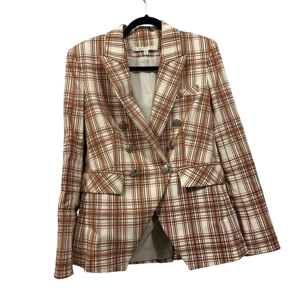 Veronica Beard Miller Dickey Plaid Blazer Jacket Brown Orange White Size 8 - Picture 2 of 6